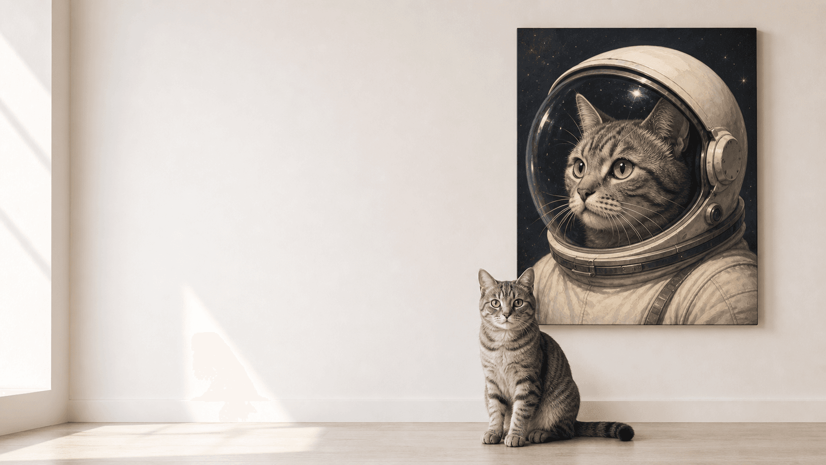 A gray tabby cat sitting below a framed portrait of itself wearing an astronaut helmet.